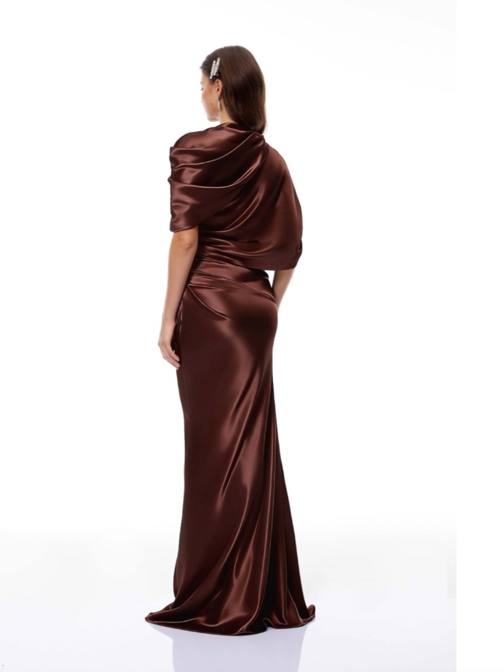 Luisa Brown Asymmetrical Gathered Satin Maxi Dress - Picture 3 of 3